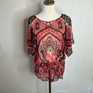 INC International Womens Medium Sheer Blouse Orange Brown Elastic Waist